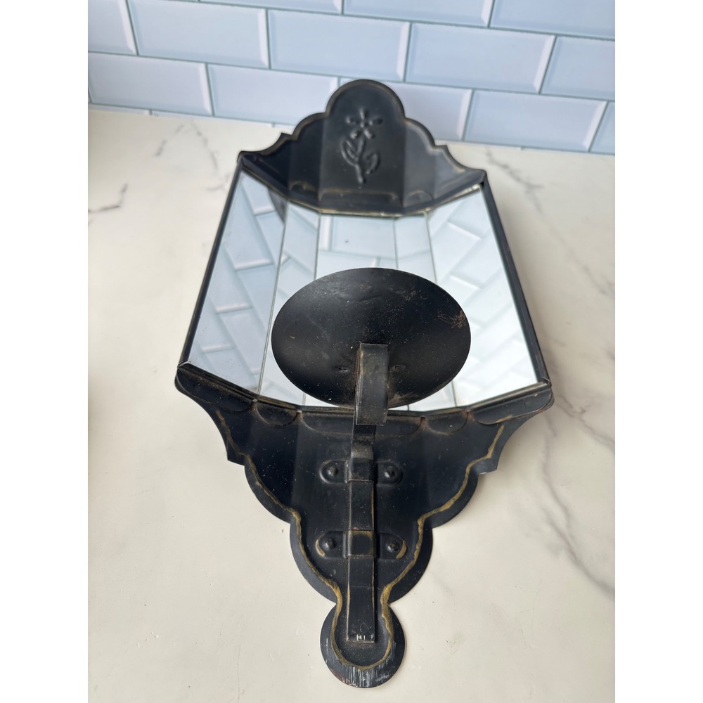 Vintage Black Metal Mirrored Wall Sconce Candle Holder Distressed Gold Floral